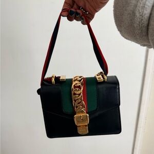 Gucci Black Leather Shoulder Bag with Green and Red Web and Gold Chain